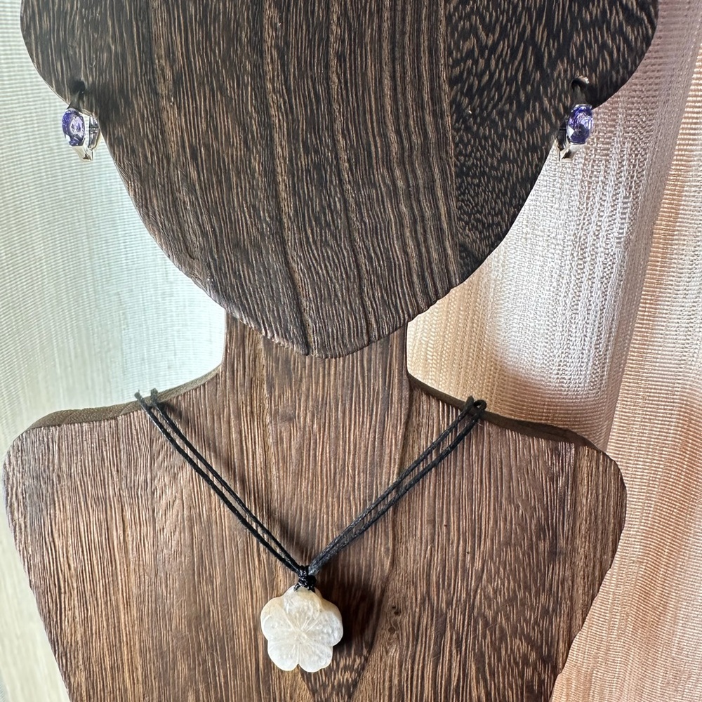 Small Moonstone Flower Pendant Necklace on Black Rope, Subtle Blue Flash - Picture 3 of 15